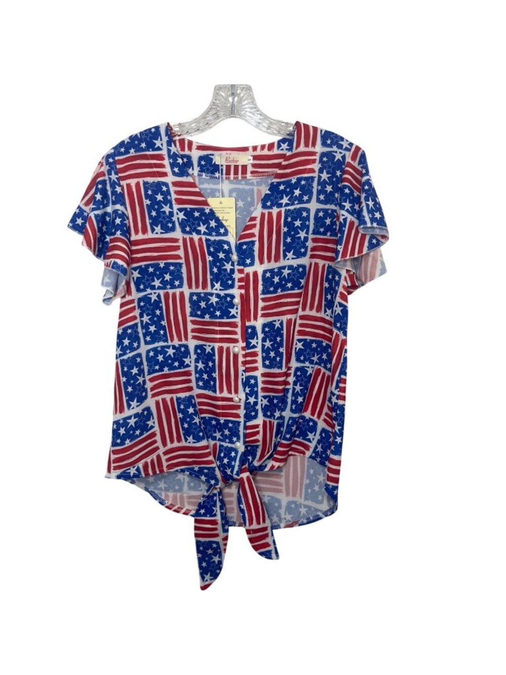 Roshop Flag Print Tie Button Front Shirt Womens Small Blue Red New Short Sleeve